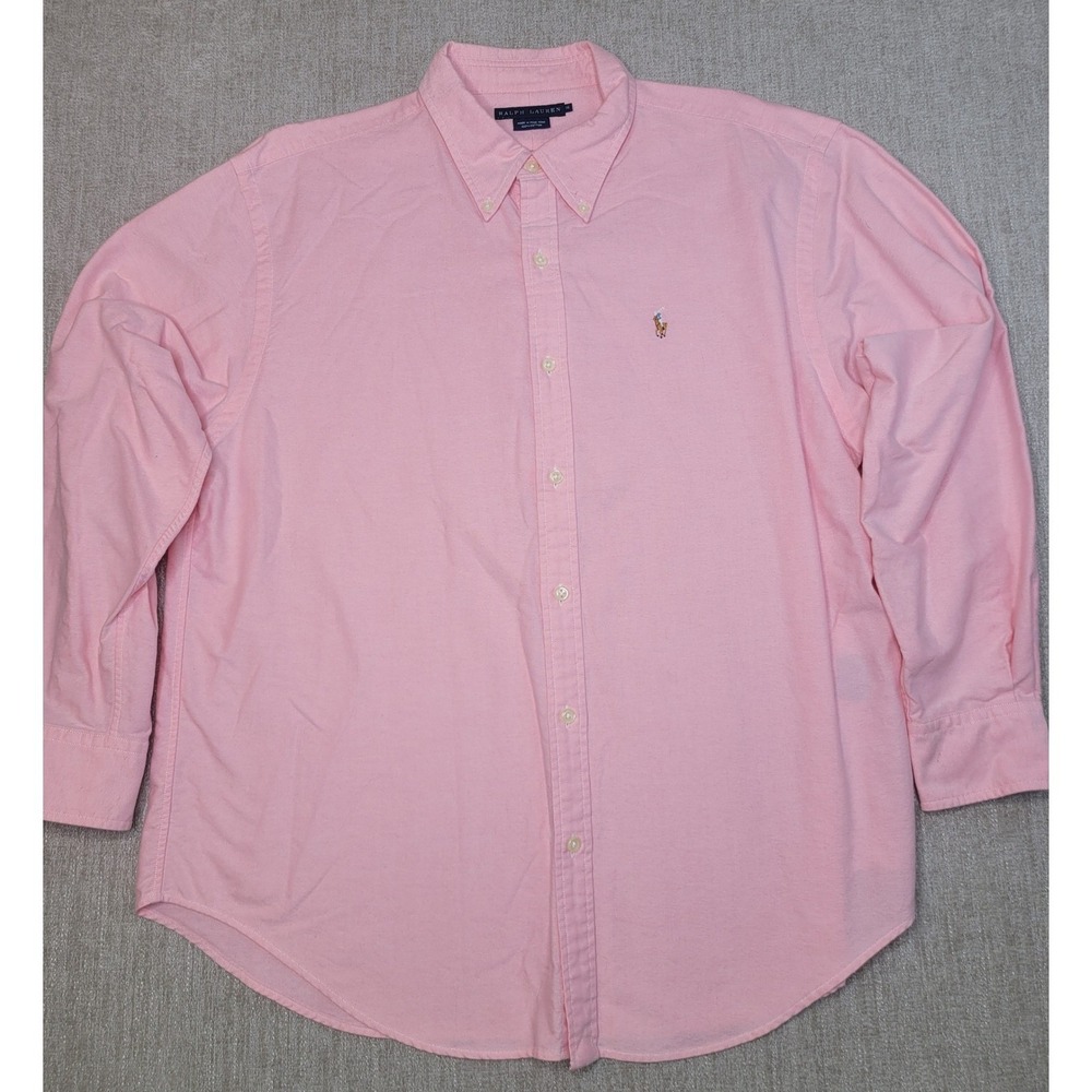Ralph Lauren Button Down Women 16 Pink Cotton Oxford Pony Logo Long Sleeve Y2K